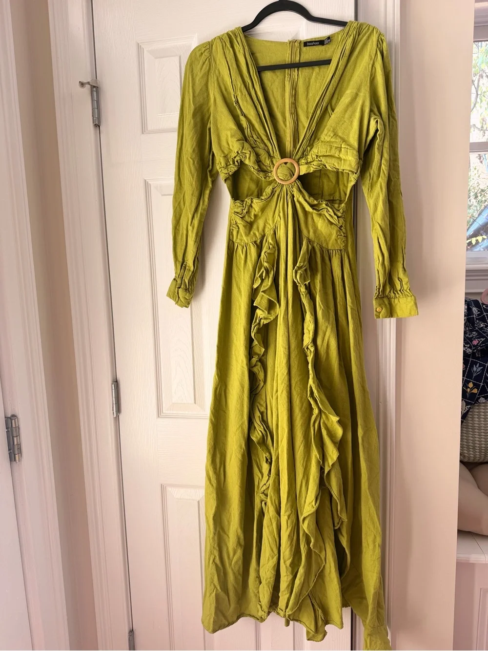 Boohoo Olive-Green Ruffle Maxi Dress with Ring Front